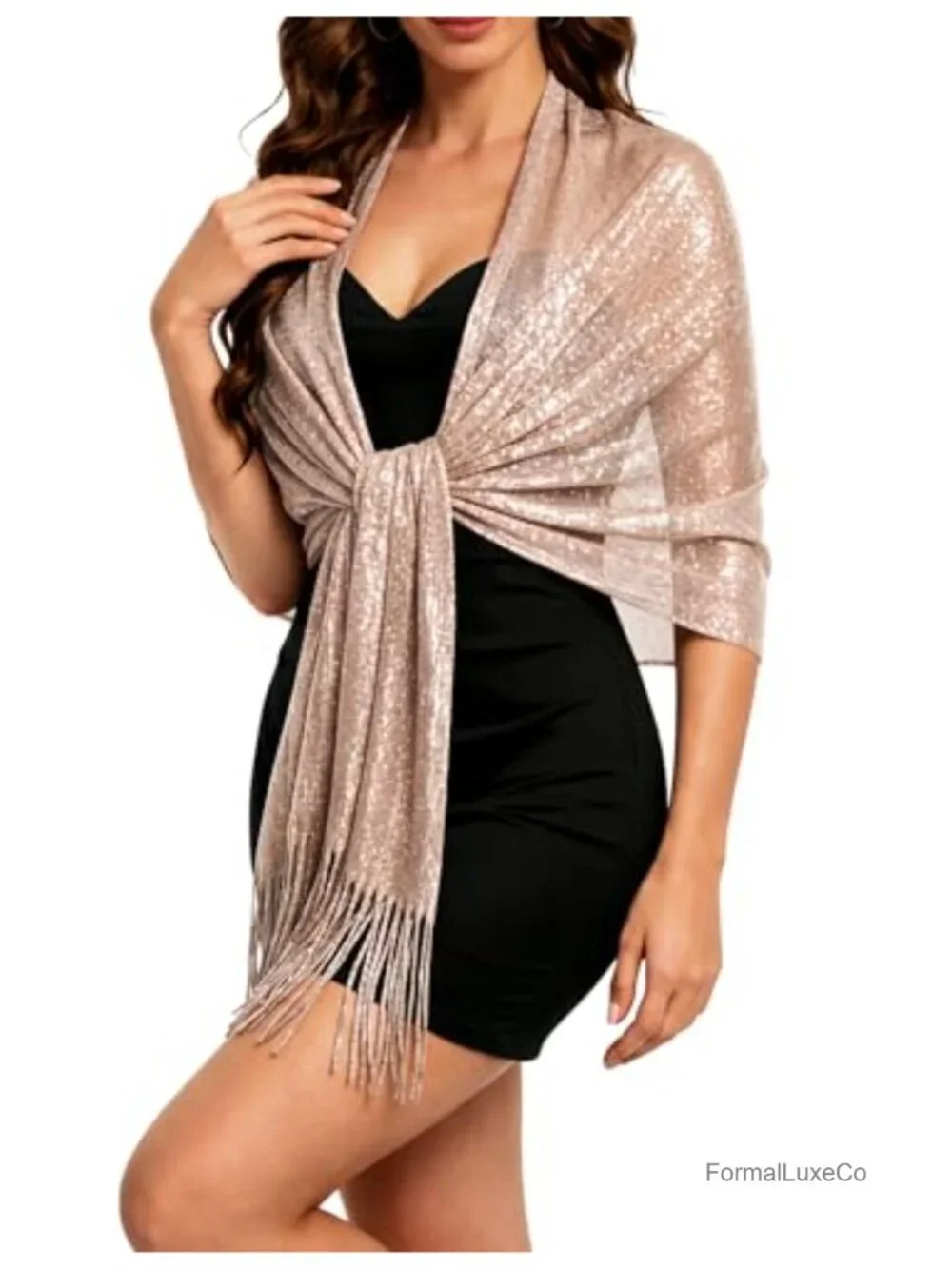 Metallic Glitter Pashmina Shawl Wrap with Buckle, 100% Polyester, Formal